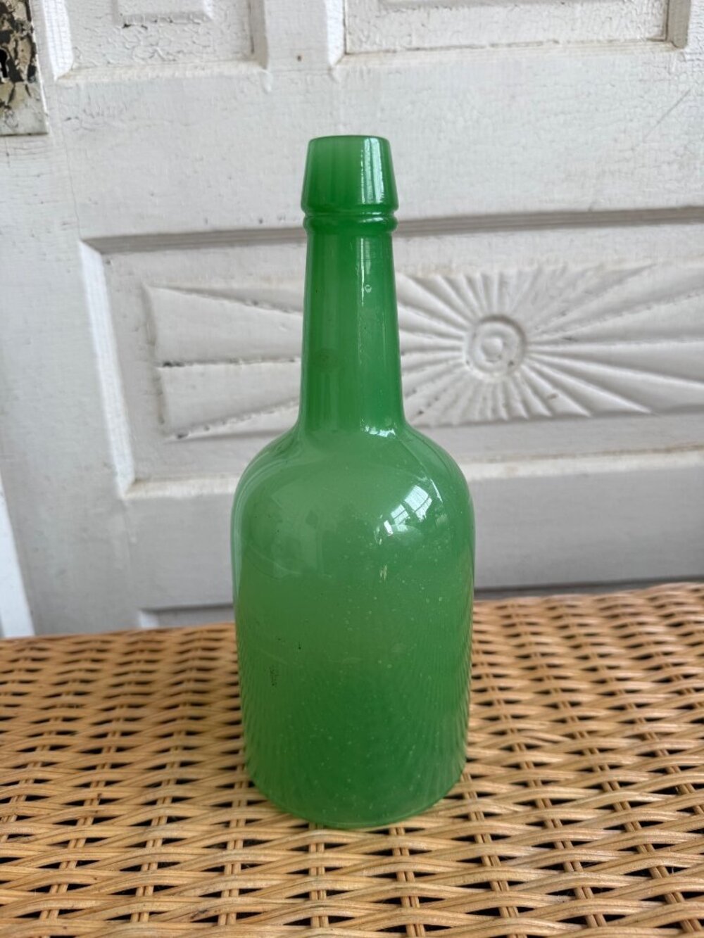 Vintage 50's Jadeite Opaque Green Glass Old Bottle/ Vase Flower Plant Decor